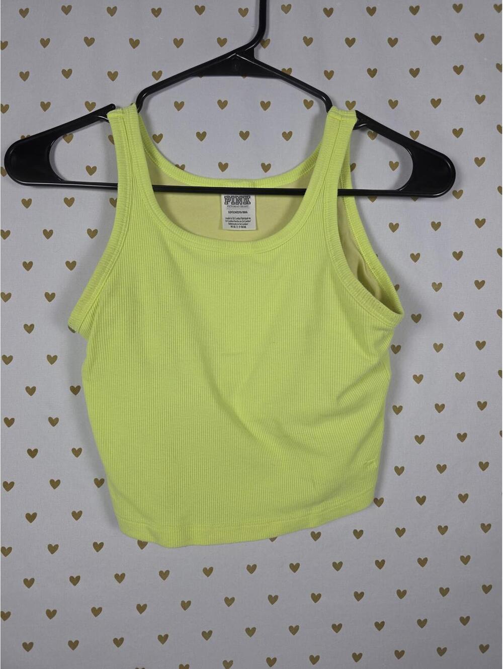 Victorias Secret PINK Textured Neon Yellow Tank Top Cropped Shelf Bra SMALL